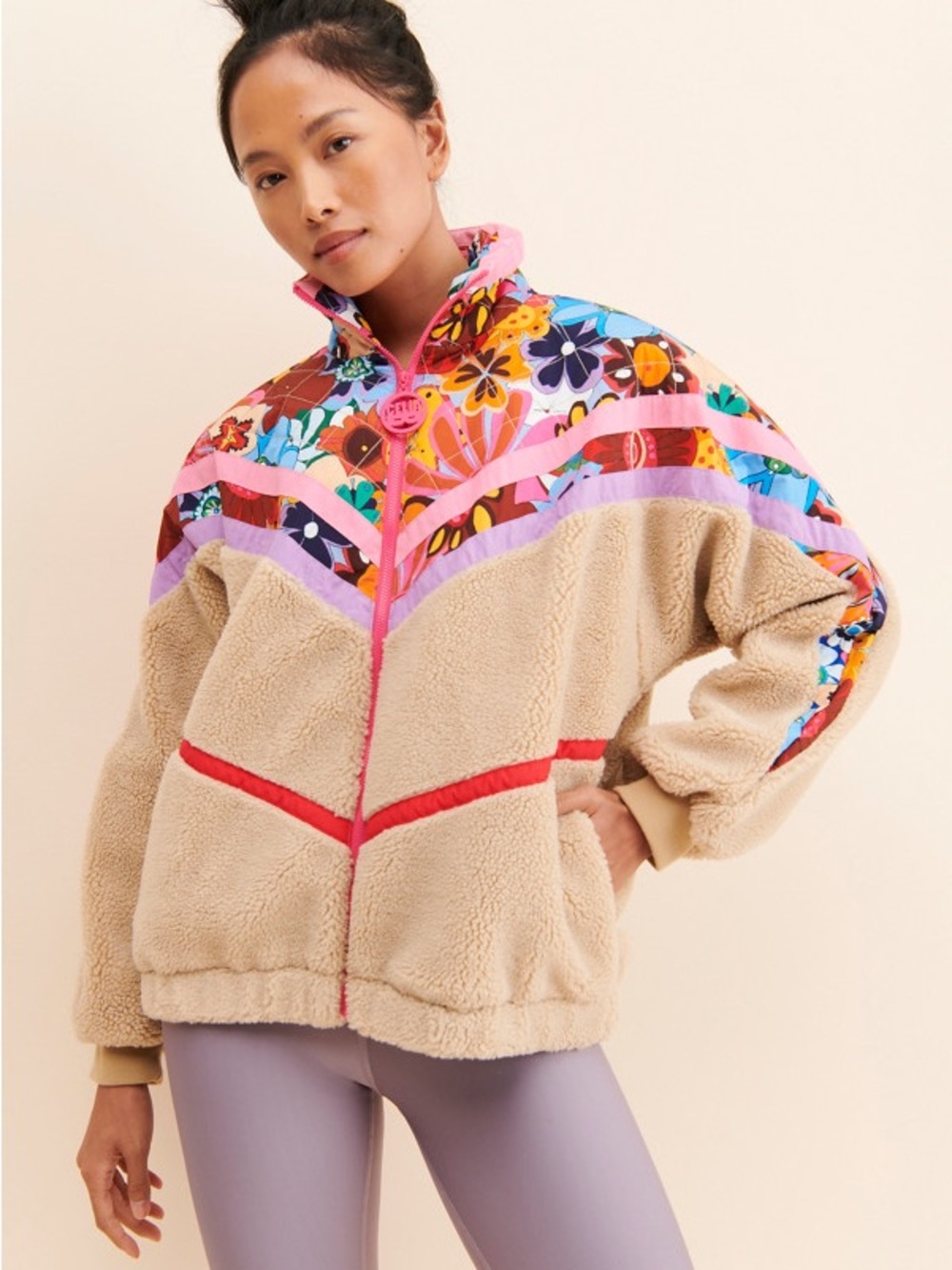 CeliaB Beige Sherpa Jacket with Multicolor Floral Trim